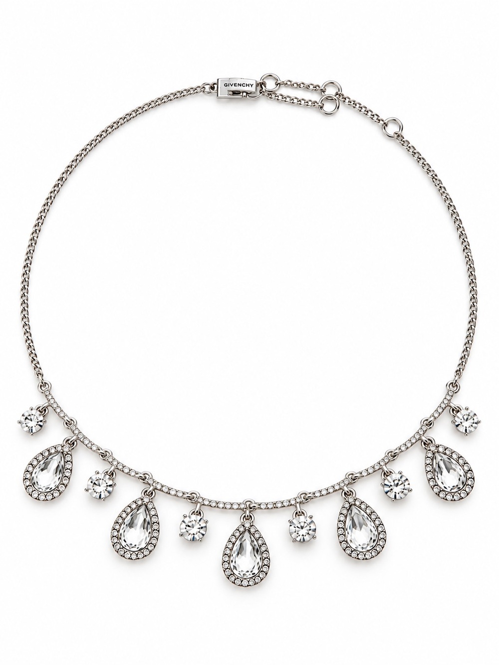 Givenchy Crystal Teardrop Statement Necklace Silver Tone